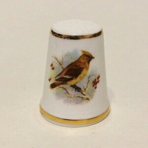 Marlborough Thimble Vintage Bird Porcelain England Yellow Brown Gold Trim